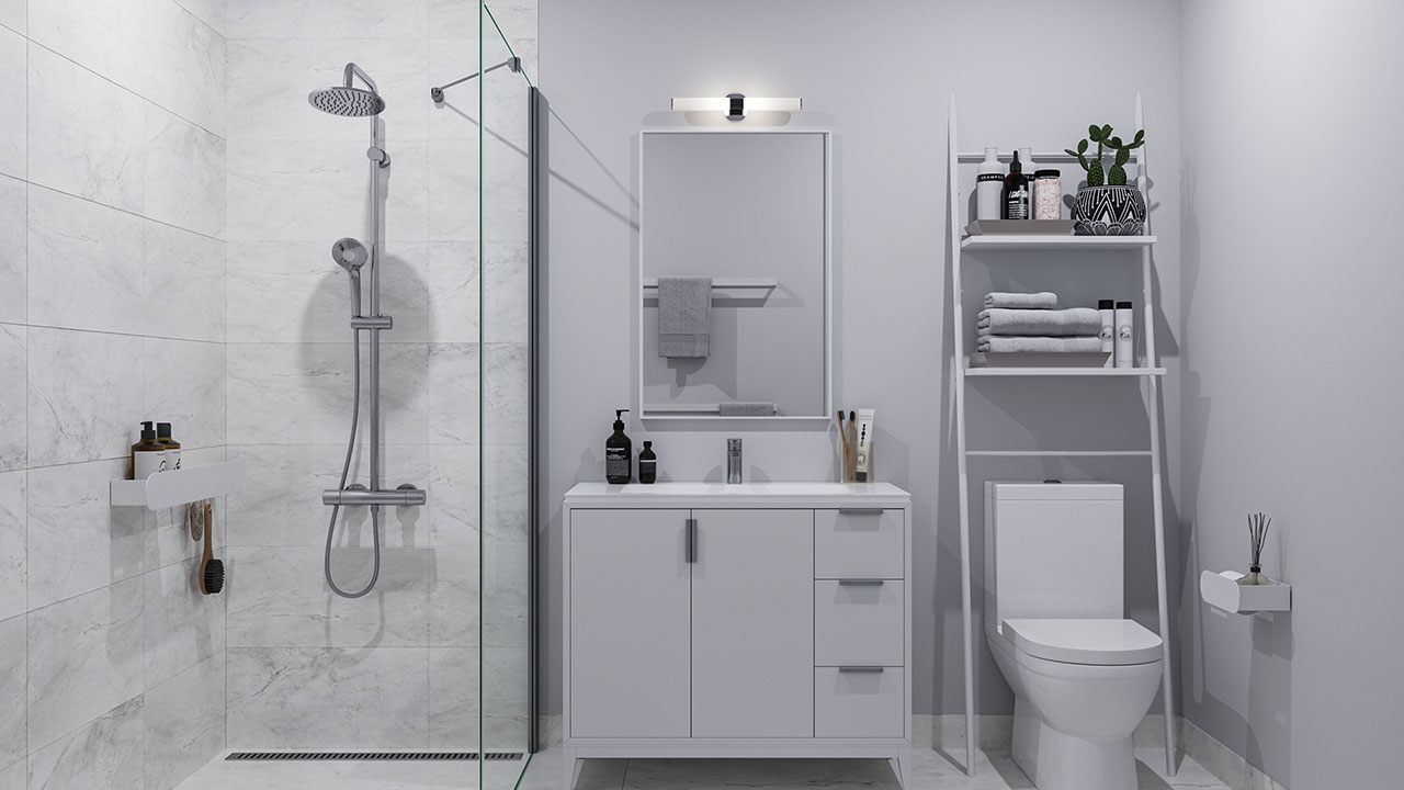 Modern bathroom design inside a custom garden suite in Toronto